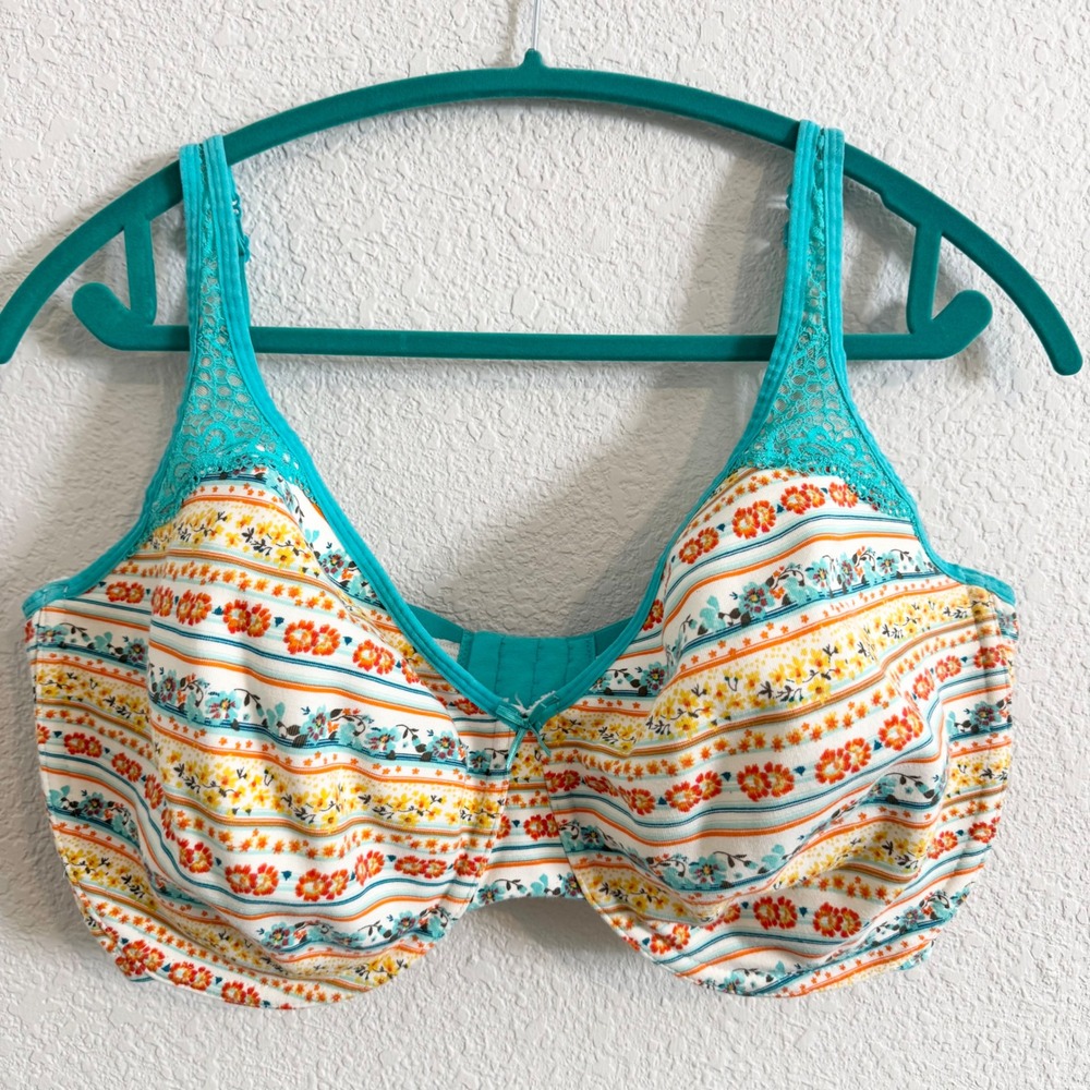 Simply Cacique Teal Orange Floral Stripe Unlined Underwire Bra 42G Lace Trim